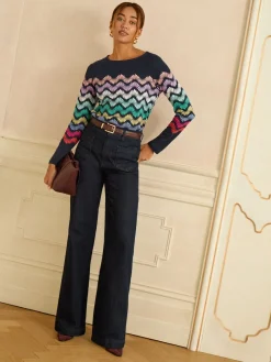 Love & Roses Navy and Multicolored Stripe Long Sleeve Jersey Top New