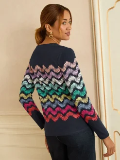 Love & Roses Navy and Multicolored Stripe Long Sleeve Jersey Top New