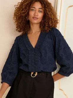 Love & Roses 3D Floral Print 3/4 Sleeve V-Neckline Blouse Navy Blue Online