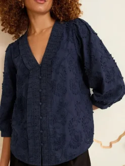 Love & Roses 3D Floral Print 3/4 Sleeve V-Neckline Blouse Navy Blue Online