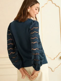 Love & Roses Long Sleeve Top Navy Broderie