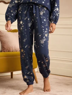 Love & Roses Navy Christmas Long Foil Detail Loungewear Bottoms Discount