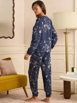 Love & Roses Navy Christmas Long Foil Detail Loungewear Bottoms Discount