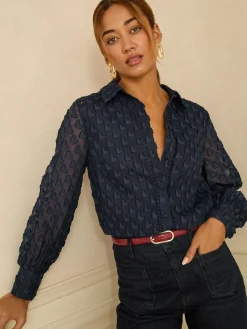 Love & Roses 3D Heart Long Sleeve Button Through Shirt Navy Clearance