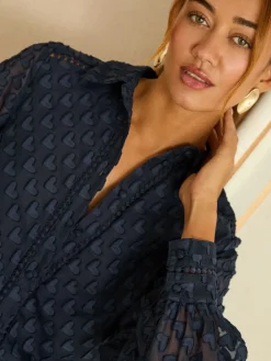 Love & Roses 3D Heart Long Sleeve Button Through Shirt Navy Clearance