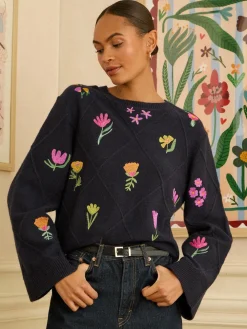 Love & Roses Embroidered Detail Knitted Jumper Navy Clearance