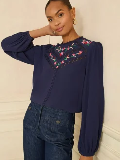 Love & Roses Navy Embroidered Crew Neck Long Sleeve Blouse Online