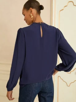 Love & Roses Navy Embroidered Crew Neck Long Sleeve Blouse Online