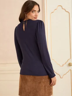 Love & Roses Navy Frill Neck Long Sleeve Jersey Top Outlet