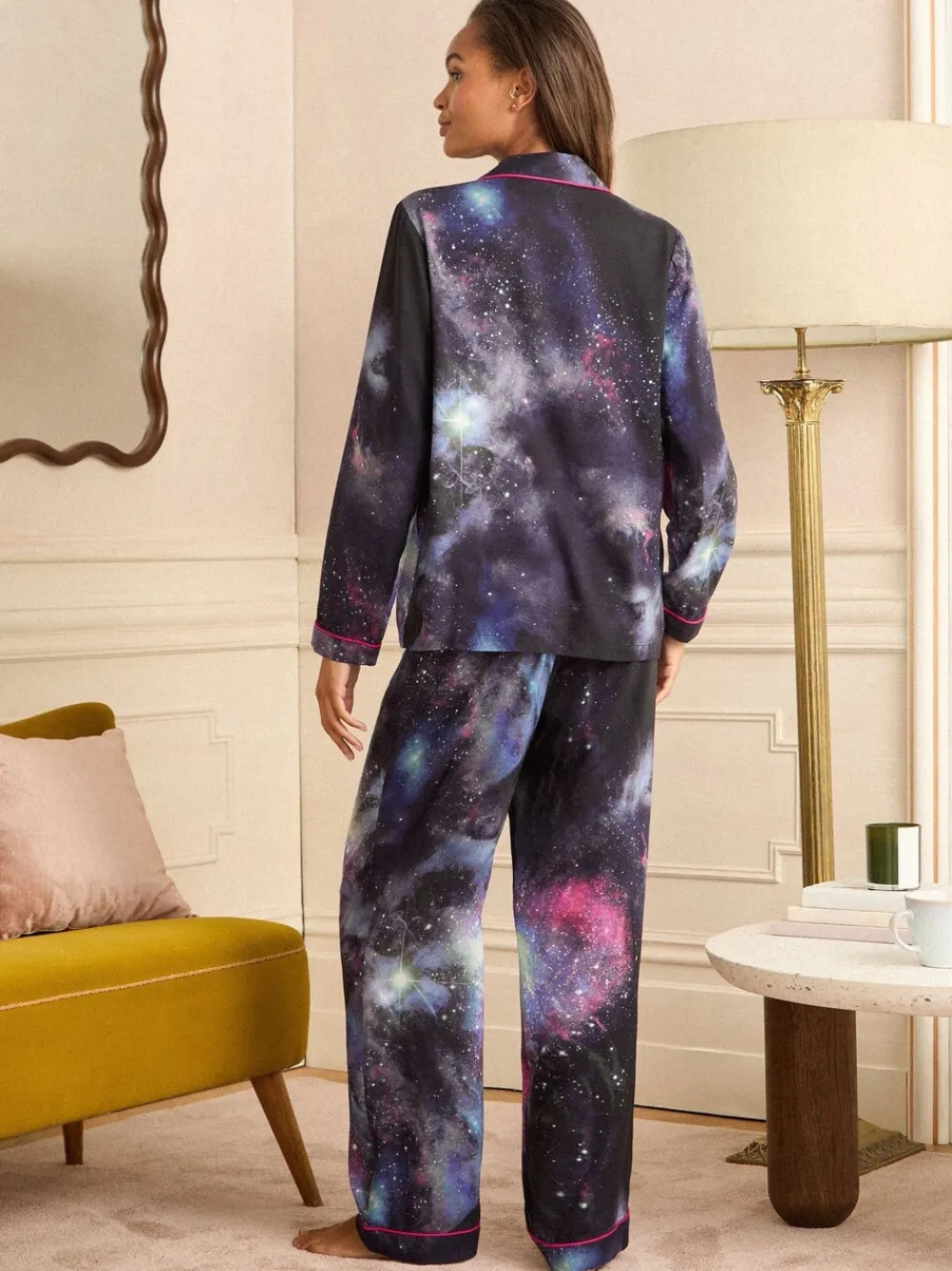 Love & Roses Navy Galaxy Print Button Down Pyjamas Set Discount