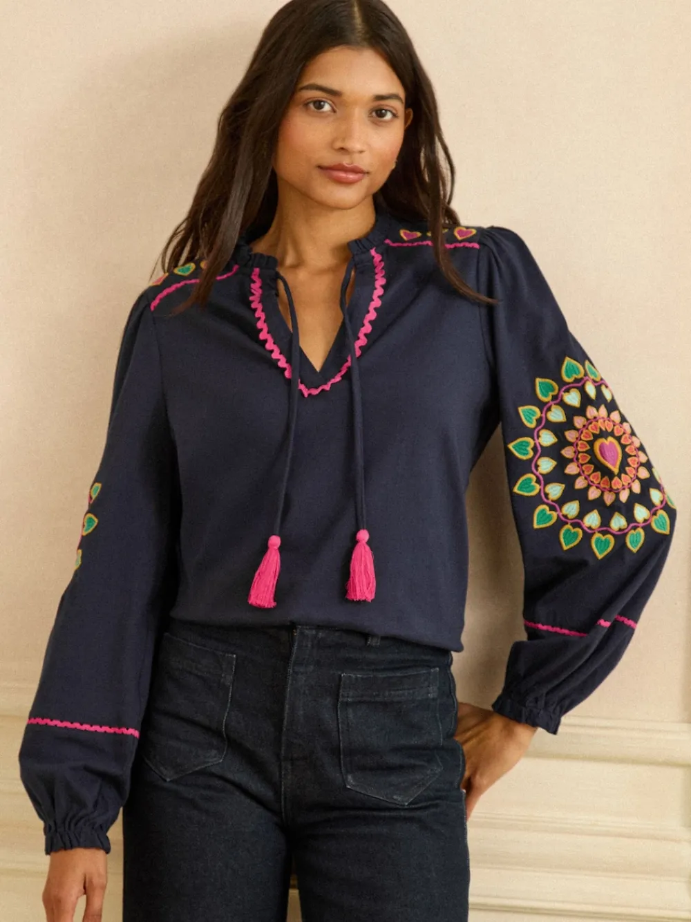 Love & Roses Navy Heart Ric Rac Embroidered Notch Neck Long Sleeve Top Hot