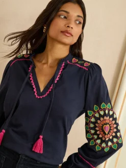 Love & Roses Navy Heart Ric Rac Embroidered Notch Neck Long Sleeve Top Hot