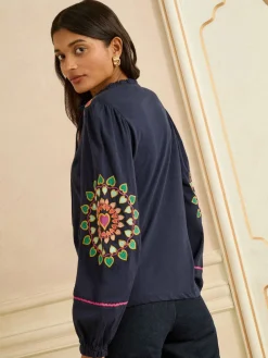 Love & Roses Navy Heart Ric Rac Embroidered Notch Neck Long Sleeve Top Hot