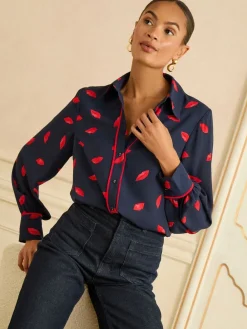 Love & Roses Navy Lips Print Petite Long Sleeve Button Through Shirt Online