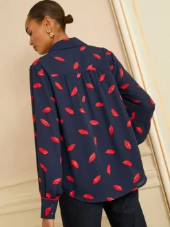 Love & Roses Navy Lips Print Petite Long Sleeve Button Through Shirt Online