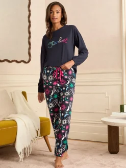 Love & Roses Jersey Long Sleeve Pyjamas Set Navy Moon And Star Print New