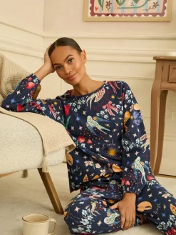 Love & Roses Jersey Long Sleeve Pyjamas Set Navy Print Clearance