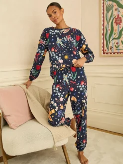 Love & Roses Jersey Long Sleeve Pyjamas Set Navy Print Clearance