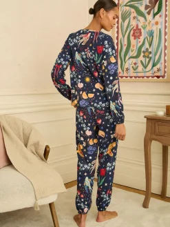 Love & Roses Jersey Long Sleeve Pyjamas Set Navy Print Clearance
