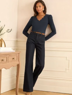 Love & Roses Navy Scallop V-Neck Long Sleeve Jersey Top Discount