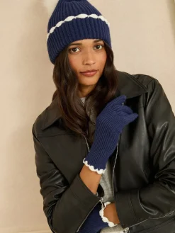 Love & Roses Scallop Trim Ribbed Pom Hat and Gloves Set Navy Discount