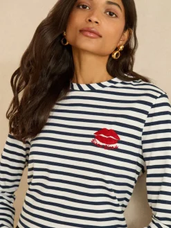 Love & Roses Navy Stripe Tie Back Embroidered Bisou Long Sleeve Jersey Top New