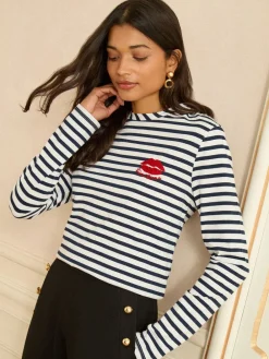 Love & Roses Navy Stripe Tie Back Embroidered Bisou Long Sleeve Jersey Top New