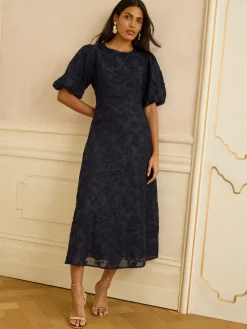 Love & Roses Textured Puff Sleeve Crew Neck Midi Dress Navy Clearance