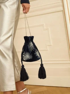 Love & Roses Velvet Sequin Embellished Pouch Bag Navy Sale