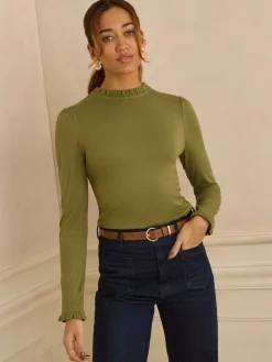 Love & Roses Olive Green Frill Neck Long Sleeve Jersey Top Outlet