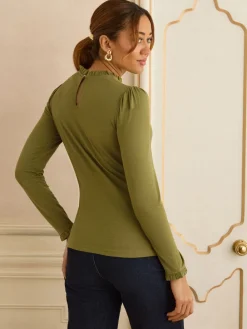 Love & Roses Olive Green Frill Neck Long Sleeve Jersey Top Outlet