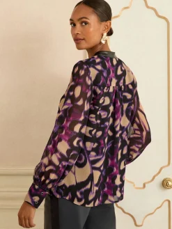 Love & Roses Long Sleeve Zip Front Blouse Purple Animal Hot