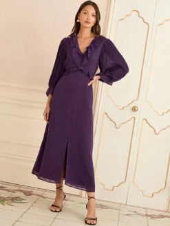 Love & Roses Pleated Ruffle Midi Dress Purple Clearance