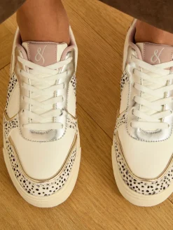 Love & Roses Mix Flatform Comfort Retro Low Top Trainers Real Leather Multi White Spot Discount