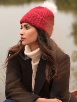 Love & Roses Red and Pink Constrast Cosy Pom Hat Hot