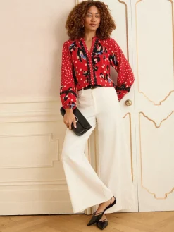 Love & Roses Red Animal Notch Neck Long Sleeve Blouse Clearance