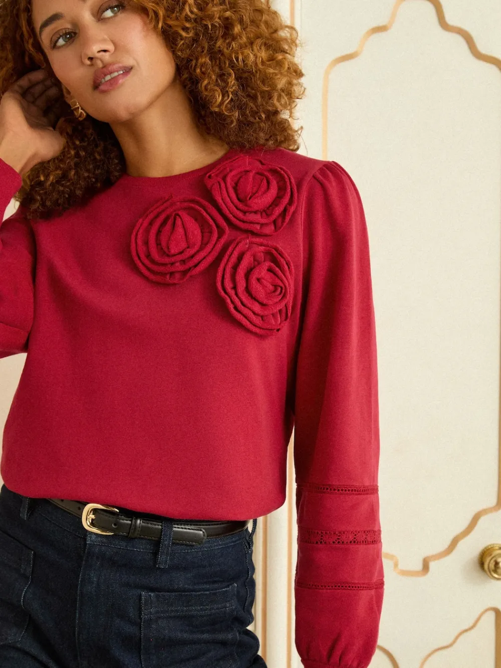 Love & Roses Red Corsage Detail Crew Neck Jersey Sweatshirt New