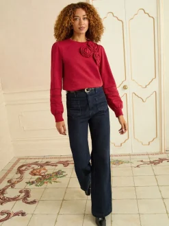 Love & Roses Red Corsage Detail Crew Neck Jersey Sweatshirt New