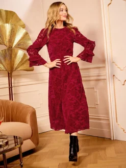 Love & Roses Burnout Ruffle Midi Dress Red Floral Online