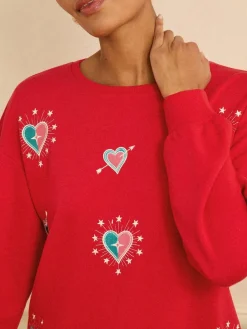 Love & Roses Red Heart Embroidery Crew Neck Jersey Sweatshirt Best
