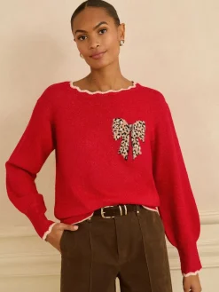 Love & Roses Scallop Knitted Jumper Red Leopard Print Bow Hot
