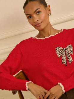 Love & Roses Scallop Knitted Jumper Red Leopard Print Bow Hot