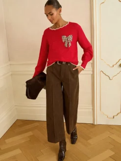 Love & Roses Scallop Knitted Jumper Red Leopard Print Bow Hot