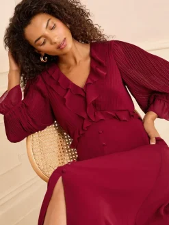 Love & Roses Pleated Ruffle Midi Dress Red Hot