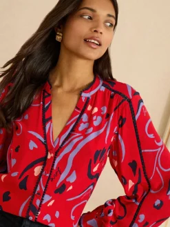 Love & Roses Red Print Notch Neck Long Sleeve Blouse Outlet