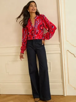 Love & Roses Red Print Notch Neck Long Sleeve Blouse Outlet