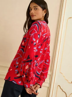 Love & Roses Red Print Notch Neck Long Sleeve Blouse Outlet