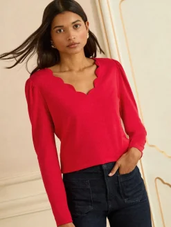 Love & Roses Red Scallop V-Neck Long Sleeve Jersey Top Clearance