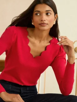 Love & Roses Red Scallop V-Neck Long Sleeve Jersey Top Clearance