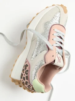 Love & Roses Mix Material Retro Comfort Jogger Trainers Silver Glitter Best